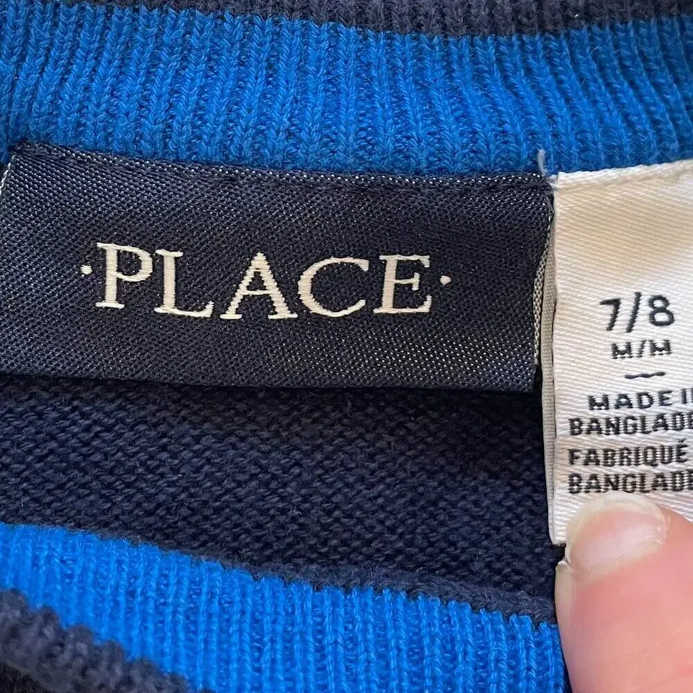 Children's Place Cotton Blue Gray Striped Long Sleeve Crew Neck Sweater, 7/8